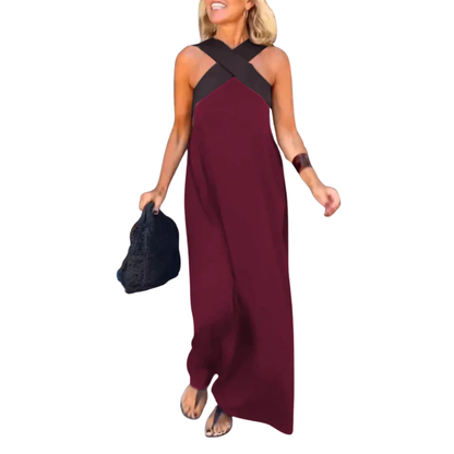 Robe Longue Femme – Encolure Halter Croisée et Silhouette Fluide
