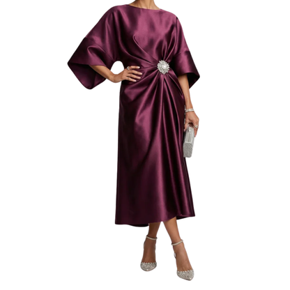 Robe Femme Midi Satinée – Manches Chauve-Souris & Drapé Bijou à la Taille