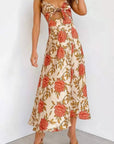 Robe Midi Femme Fleurie – Col V, Nœud Frontal et Bretelles Réglables
