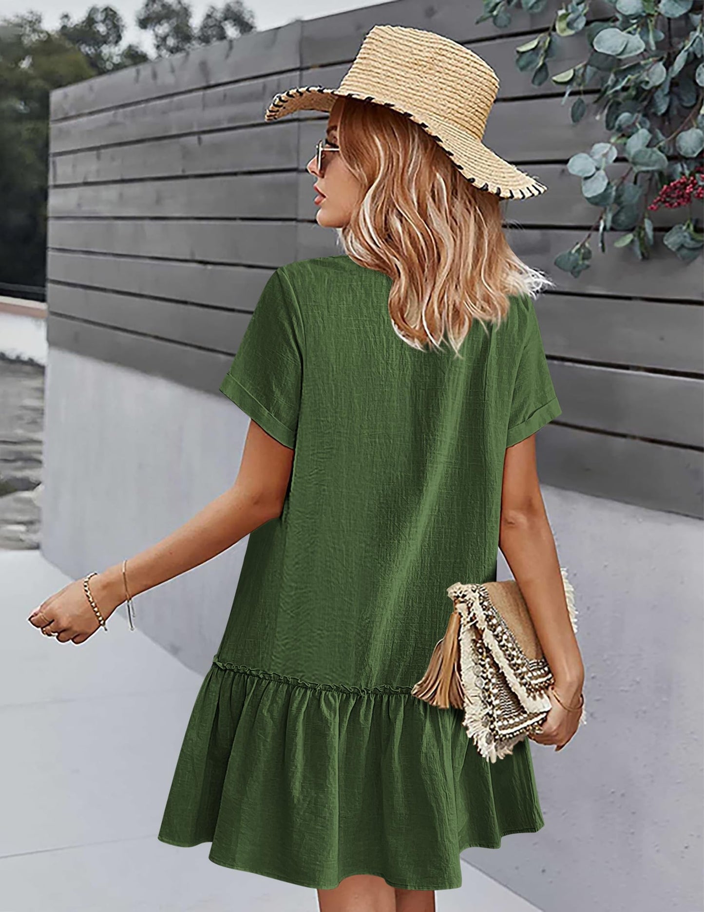 Robe Midi Femme en lin, col V, coupe fluide – Menvelo