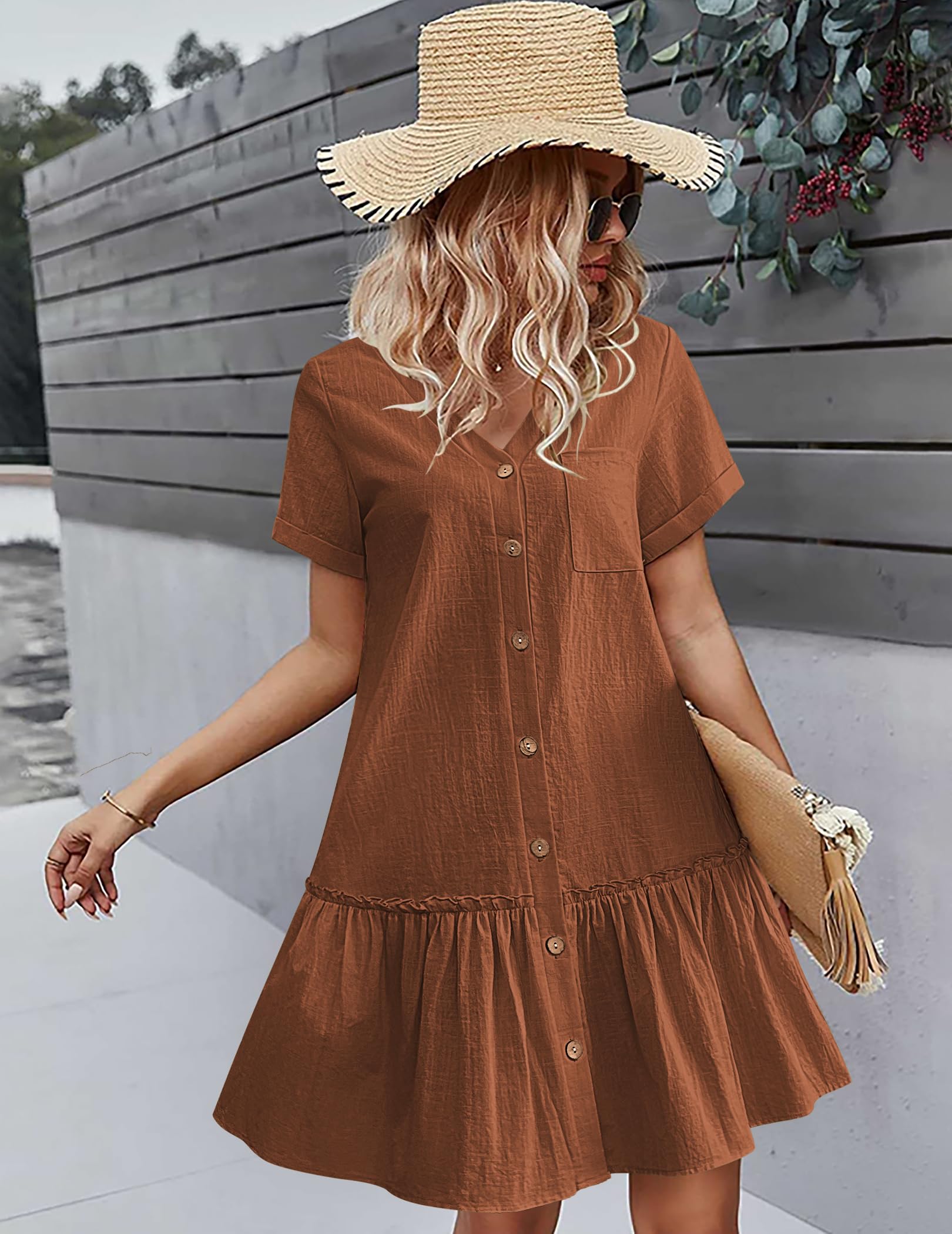 Robe Midi Femme en lin, col V, coupe fluide – Menvelo