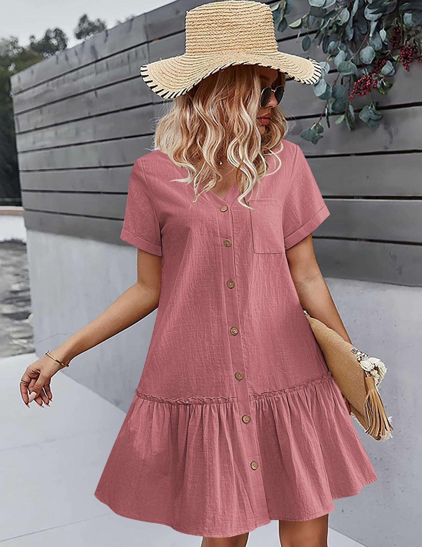 Robe Midi Femme en lin, col V, coupe fluide – Menvelo