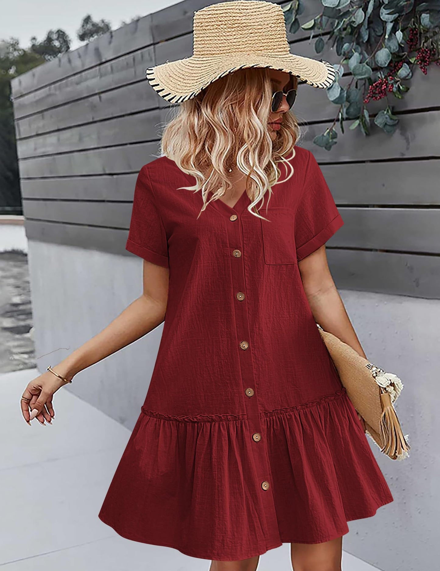 Robe Midi Femme en lin, col V, coupe fluide – Menvelo