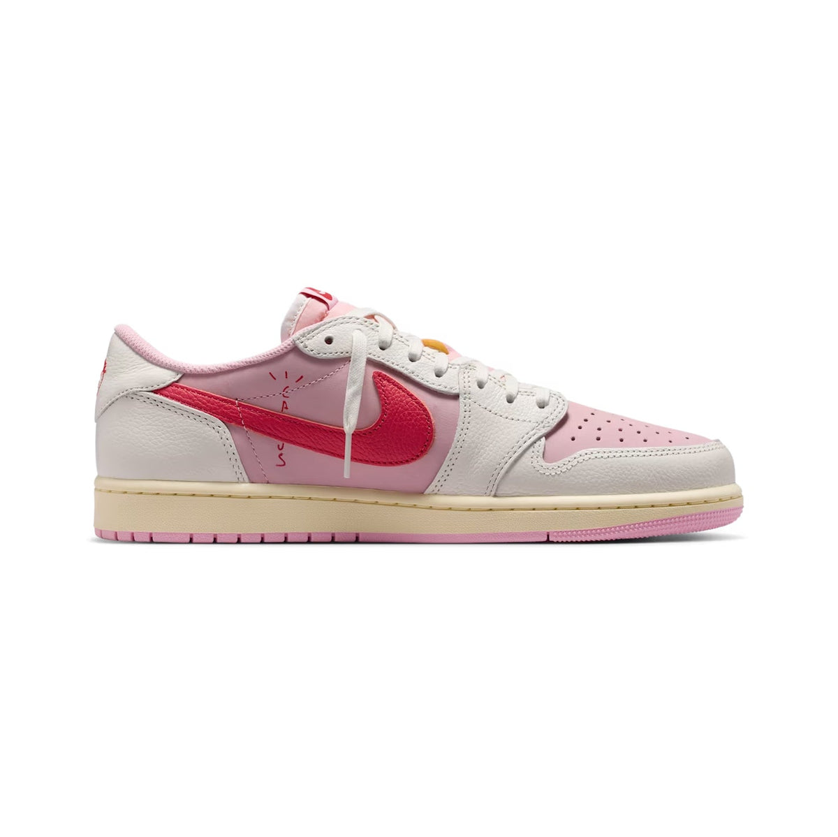 Air Jordan 1 Low Travis Scott Tropical Pink baskets basses homme et femme en cuir rose, vue de profil
