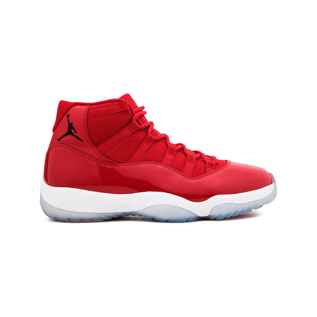 Air Jordan 11 Red baskets homme et femme en cuir verni rouge, vue de profil