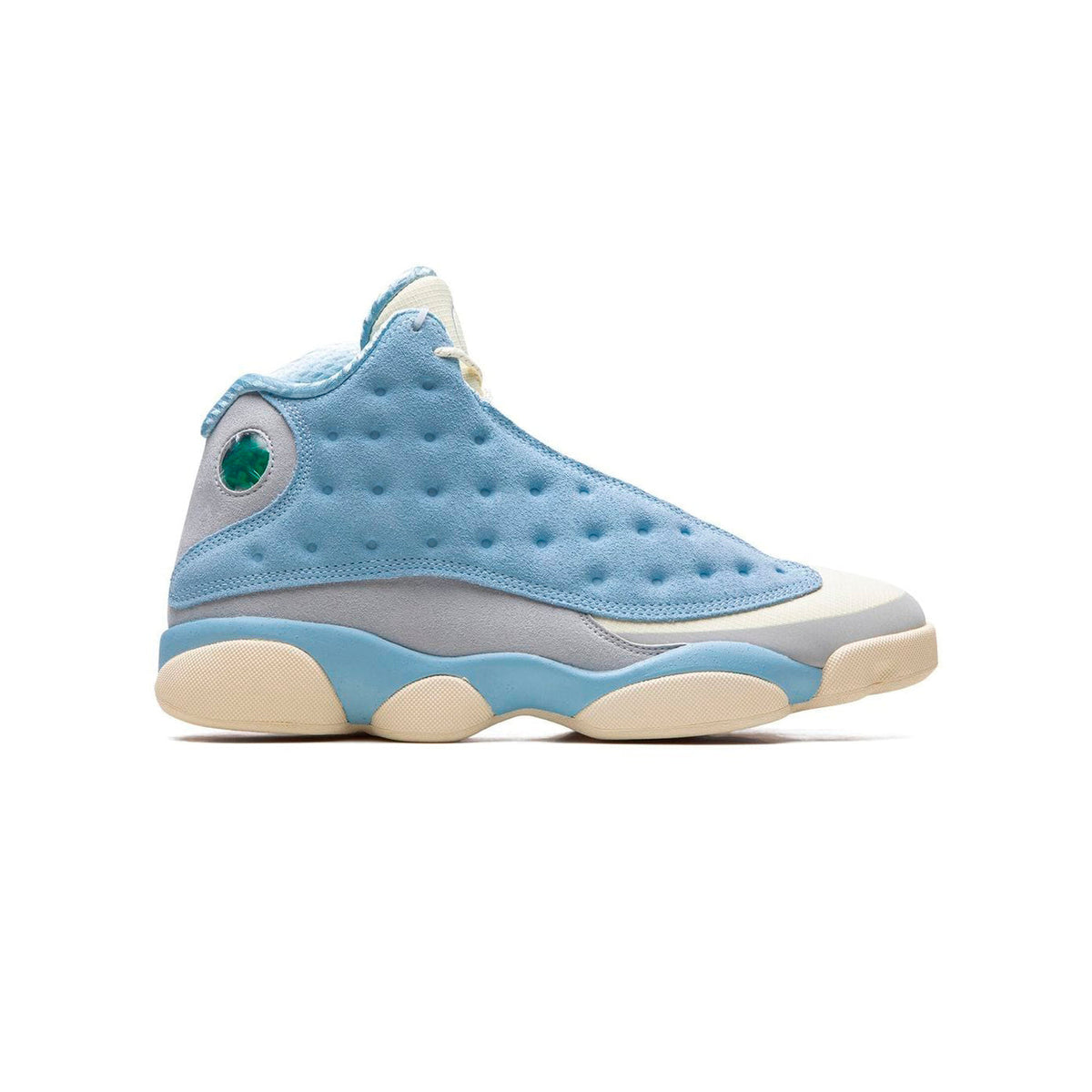 Air Jordan 13 Solefly I'd Rather Be Fishing baskets homme et femme en daim bleu gris, vue de profil