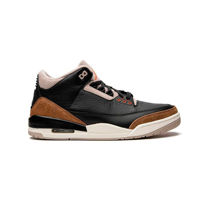 Air Jordan 3 Desert Elephant baskets homme et femme en cuir noir orange, vue de profil