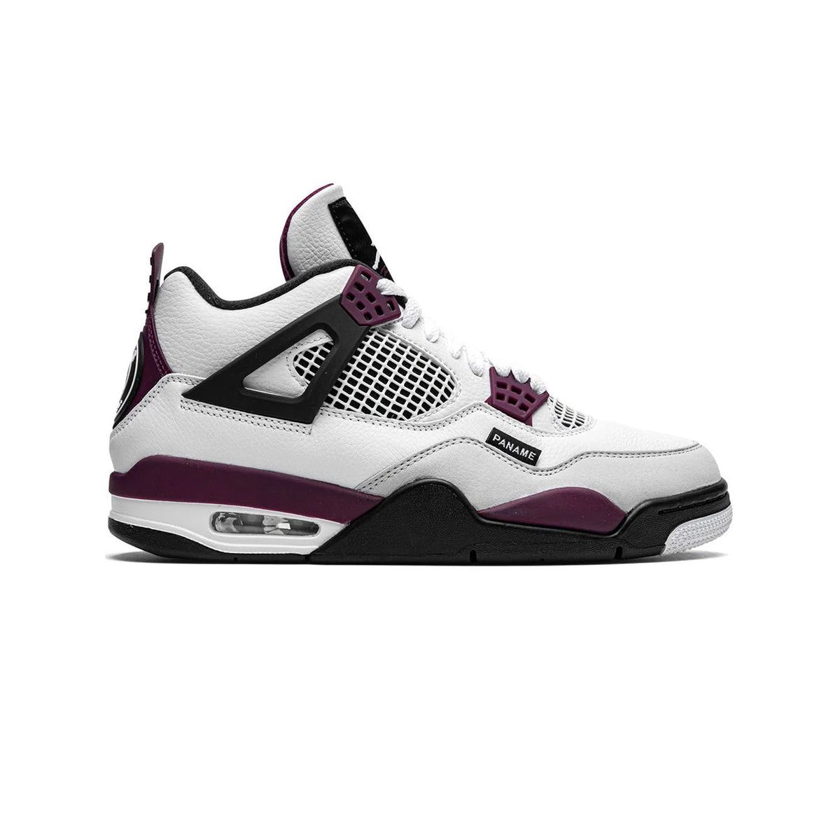 Air Jordan 4 Paris Saint Germain baskets homme en cuir blanc bordeaux, vue de profil