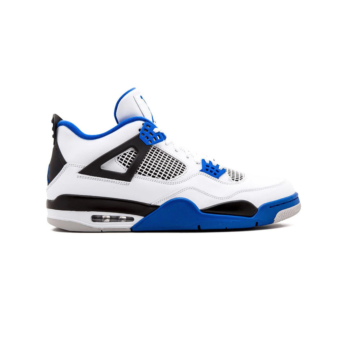 Air Jordan 4 Motorsport baskets homme et femme en cuir noir blanc, vue de profil