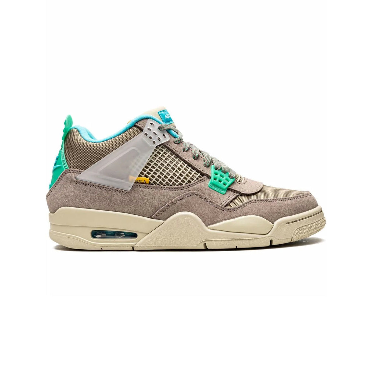 Air Jordan 4 Union Taupe Haze baskets homme et femme en cuir beige, vue de profil