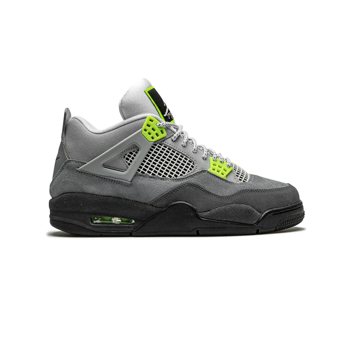 Air Jordan 4 Neon 95 baskets homme et femme en daim jaune, vue de profil