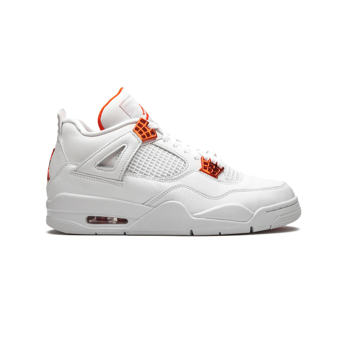 Air Jordan 4 Metallic Orange baskets homme et femme en cuir orange argent, vue de profil