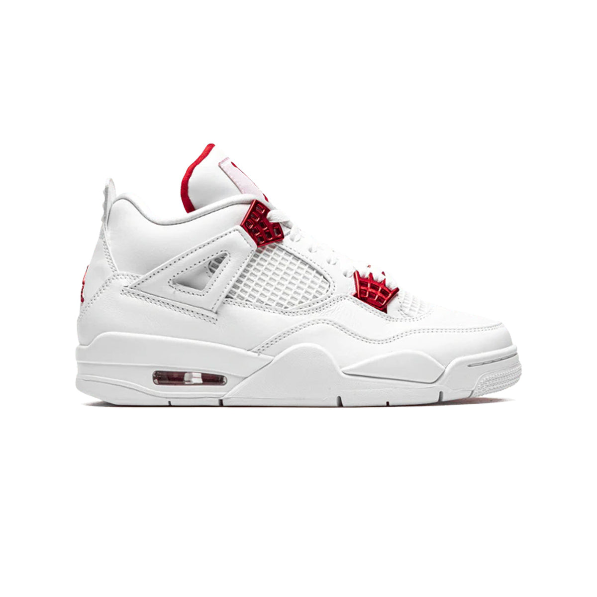 Air Jordan 4 Metallic Red baskets homme et femme en cuir rouge argent, vue de profil