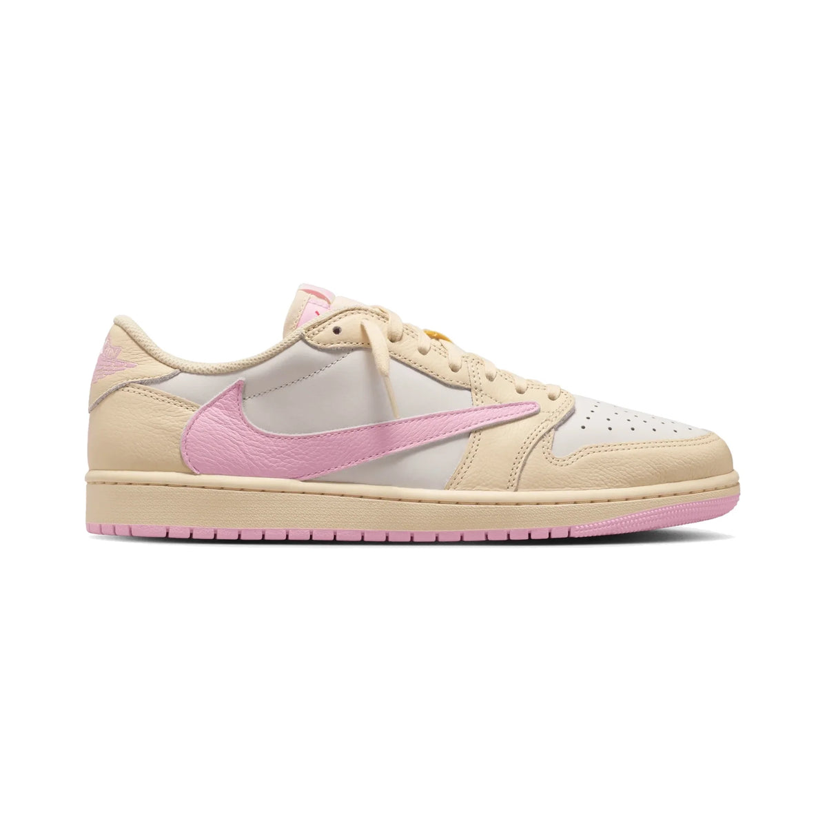 Air Jordan 1 Low Travis Scott Shy Pink baskets basses homme et femme en cuir rose, vue de profil