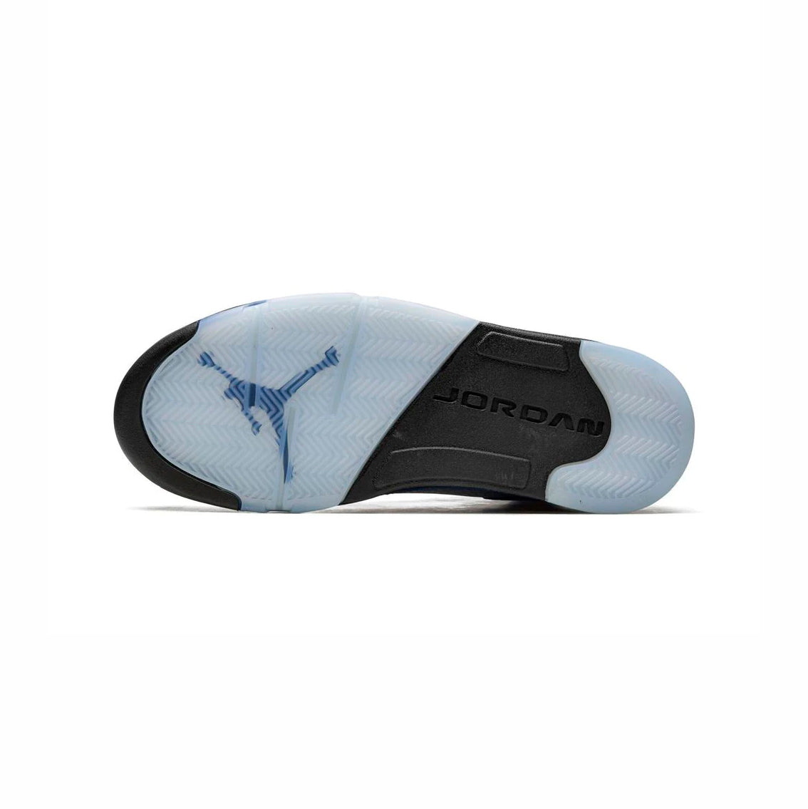Air Jordan 5 University Blue baskets homme et femme en nubuck bleu, détail semelle