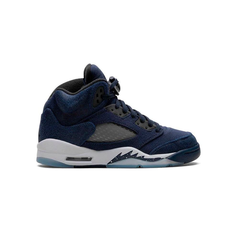 Air Jordan 5 Midnight Navy baskets homme et femme en cuir bleu, vue de profil