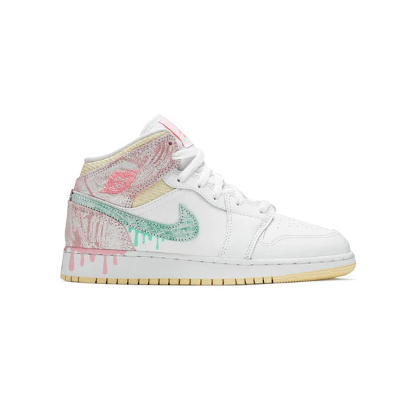 Air Jordan 1 Mid Paint Drip baskets mi-montantes homme et femme en cuir multicolore, vue de profil