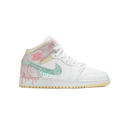 Air Jordan 1 Mid Paint Drip baskets mi-montantes homme et femme en cuir multicolore, vue de profil