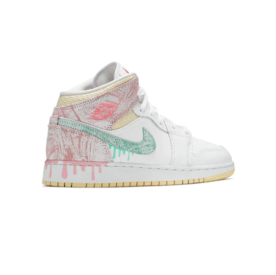 Air Jordan 1 Mid Paint Drip baskets mi-montantes homme et femme en cuir multicolore, détail semelle