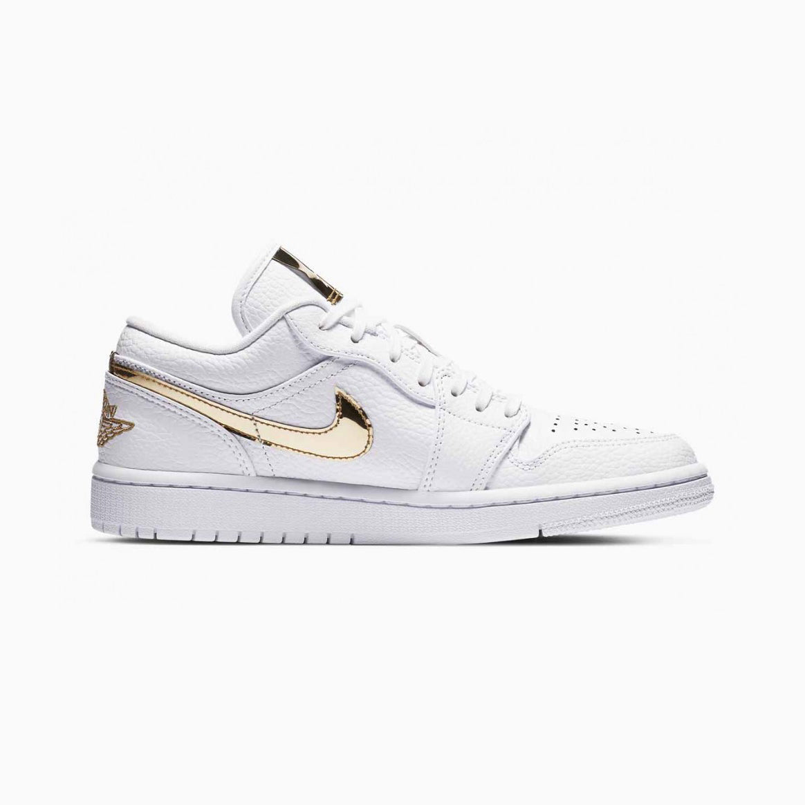 Air Jordan 1 Low White & Gold baskets basses homme et femme en cuir blanc, vue de profil