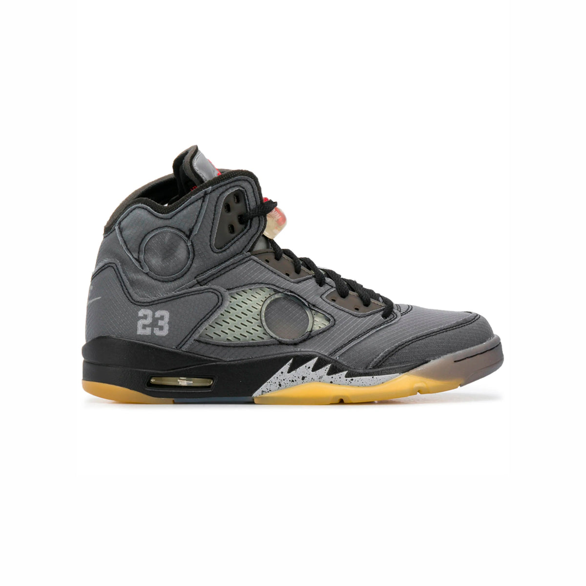 Air Jordan 5 Off-White Muslin baskets homme et femme en cuir blanc, vue de profil