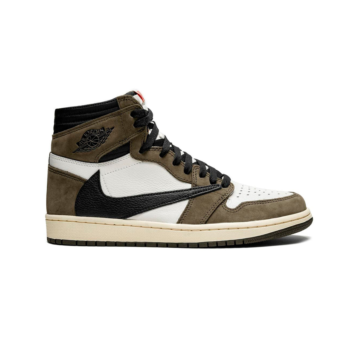Air Jordan 1 High Travis Scott baskets montantes homme et femme en daim noir blanc, vue de profil