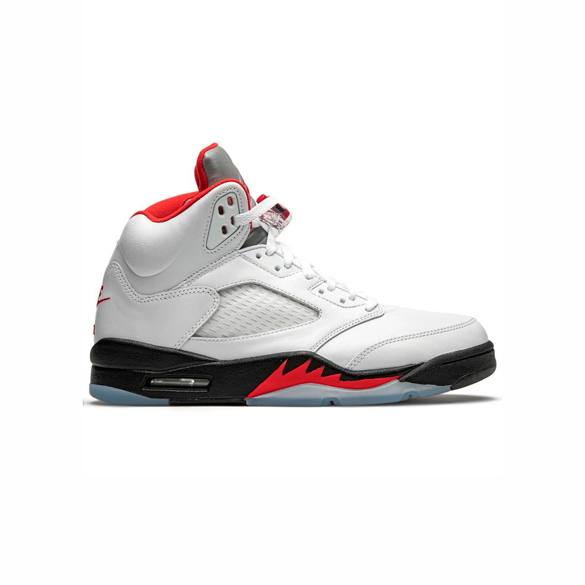 Air Jordan 5 Fire Red Silver Tongue baskets homme et femme en cuir rouge argent, vue de profil