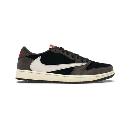 Air Jordan 1 Low Travis Scott Dark Mocha baskets basses homme et femme en daim marron, vue de profil