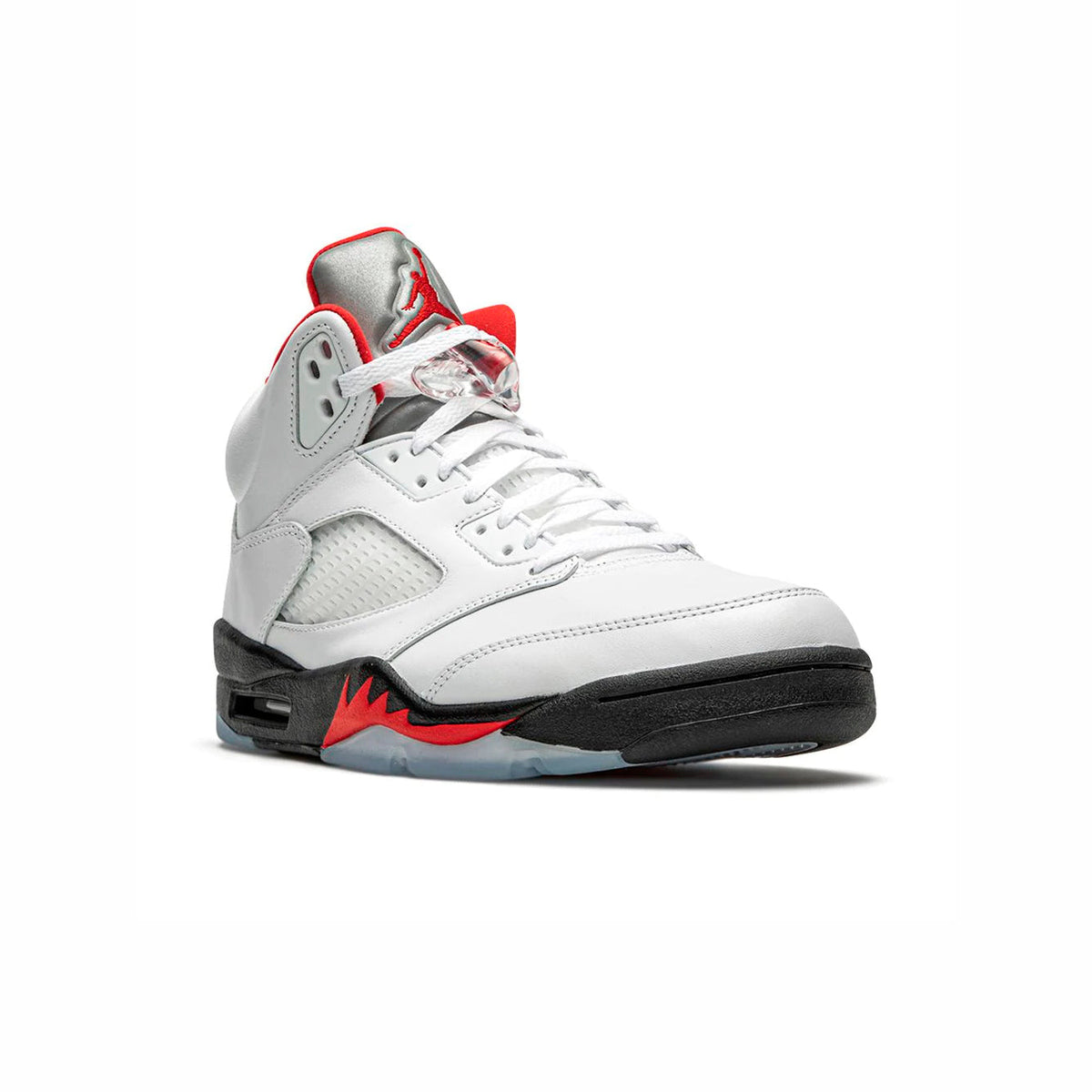 Air Jordan 5 Fire Red Silver Tongue baskets homme et femme en cuir rouge argent, détail semelle