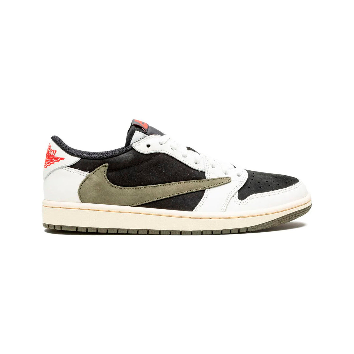 Air Jordan 1 Low Travis Scott Reverse Olive baskets basses homme et femme en daim vert, vue de profil