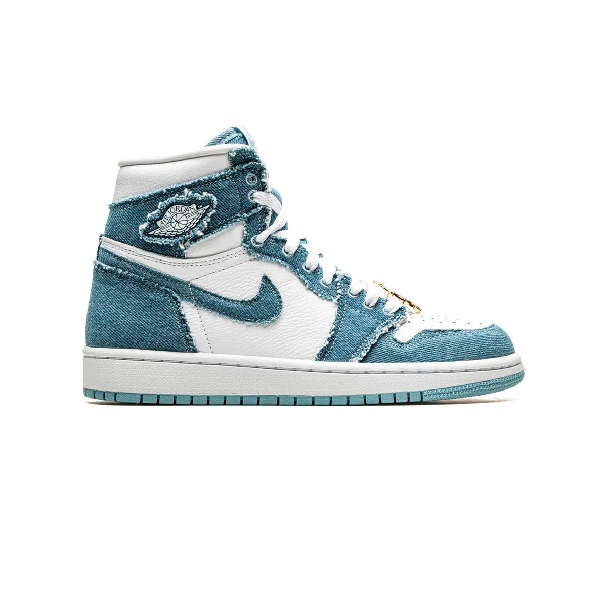 Air Jordan 1 High Denim baskets montantes homme et femme en cuir bleu, vue de profil