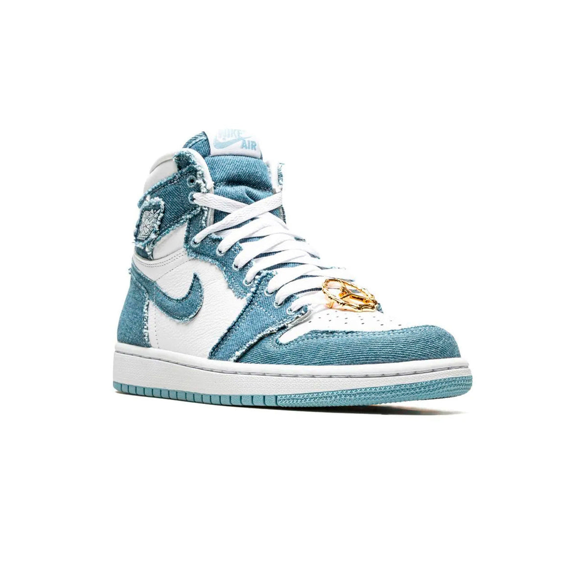 Air Jordan 1 High Denim baskets montantes homme et femme en cuir bleu, vue de face