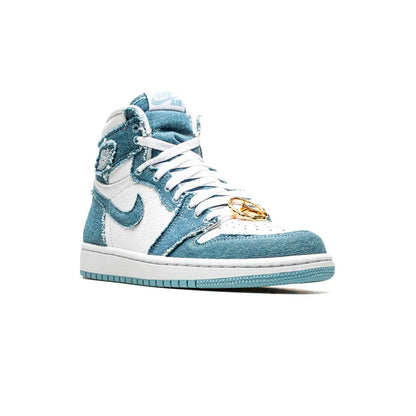 Air Jordan 1 High Denim baskets montantes homme et femme en cuir bleu, vue de face