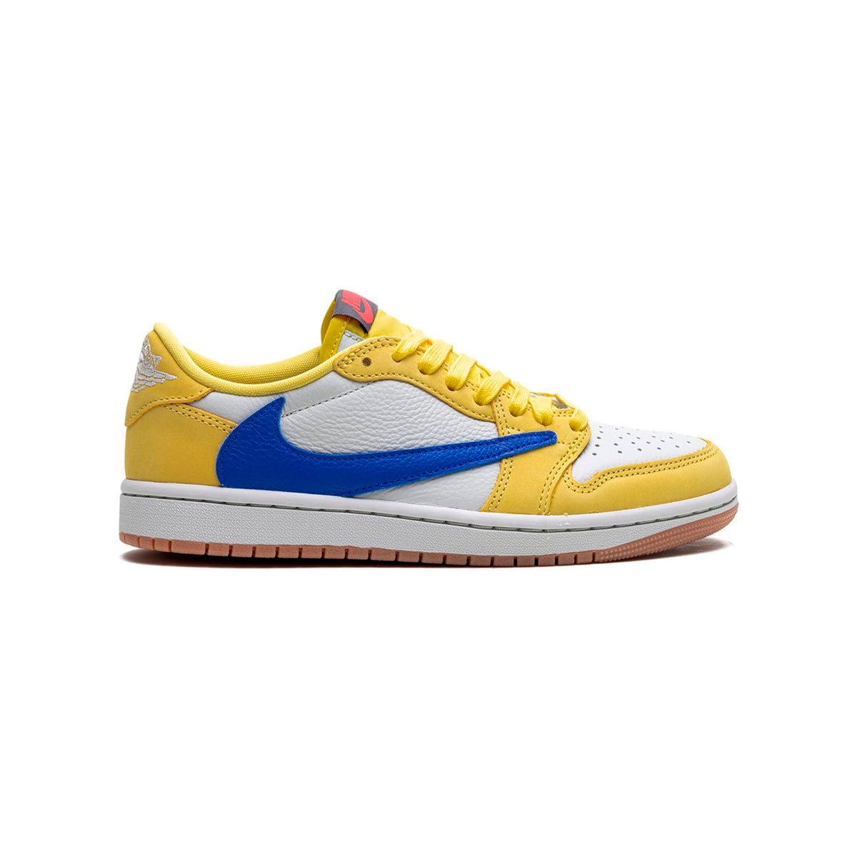 Air Jordan 1 Low Travis Scott Canary Yellow baskets basses homme et femme en cuir jaune, vue de profil