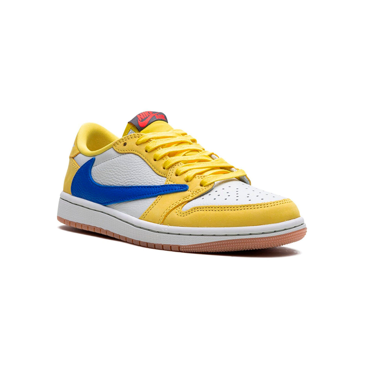 Air Jordan 1 Low Travis Scott Canary Yellow baskets basses homme et femme en cuir jaune, vue de face