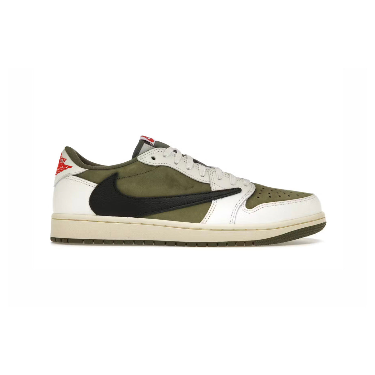 Air Jordan 1 Low Travis Scott Medium Olive baskets basses homme et femme en cuir vert, vue de profil