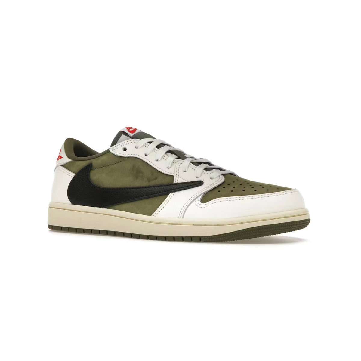 Air Jordan 1 Low Travis Scott Medium Olive baskets basses homme et femme en cuir vert, vue de face