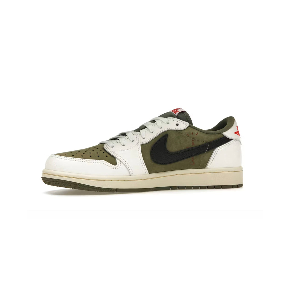 Air Jordan 1 Low Travis Scott Medium Olive baskets basses homme et femme en cuir vert, détail semelle