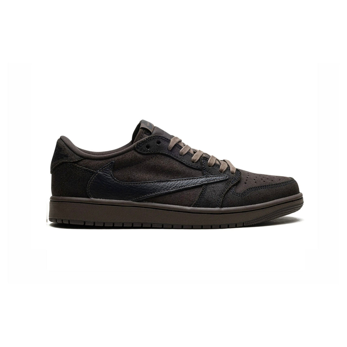 Air Jordan 1 Low Travis Scott Velvet Brown baskets basses homme et femme en cuir marron, vue de profil