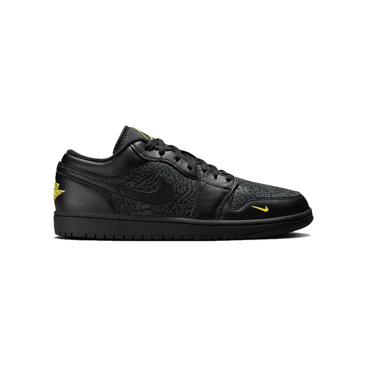 Air Jordan 1 Low Black Elephant Print baskets basses homme et femme en cuir noir, vue de profil
