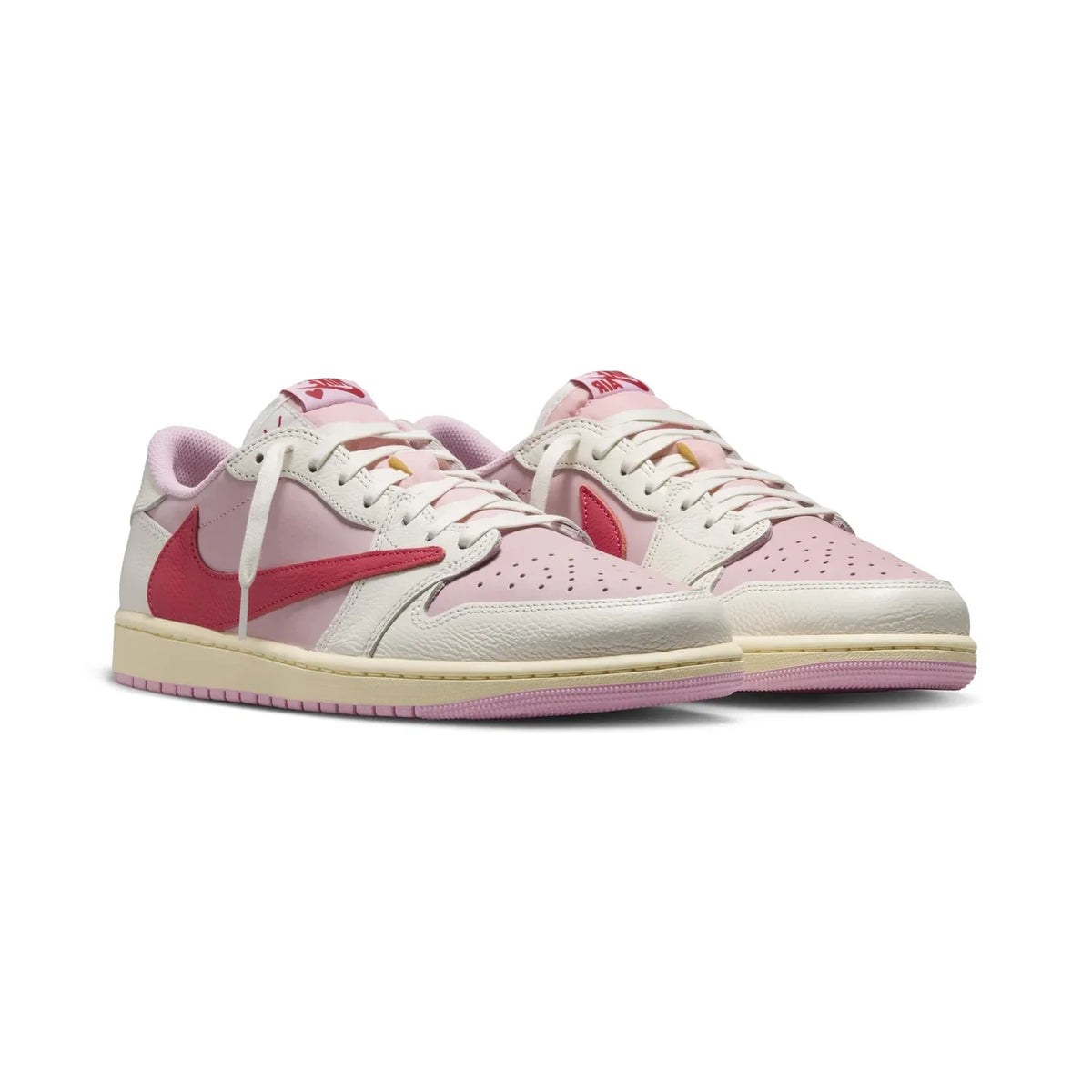 Air Jordan 1 Low Travis Scott Tropical Pink baskets basses homme et femme en cuir rose, vue de face