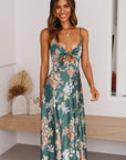Robe Midi Femme Fleurie – Col V, Nœud Frontal et Bretelles Réglables