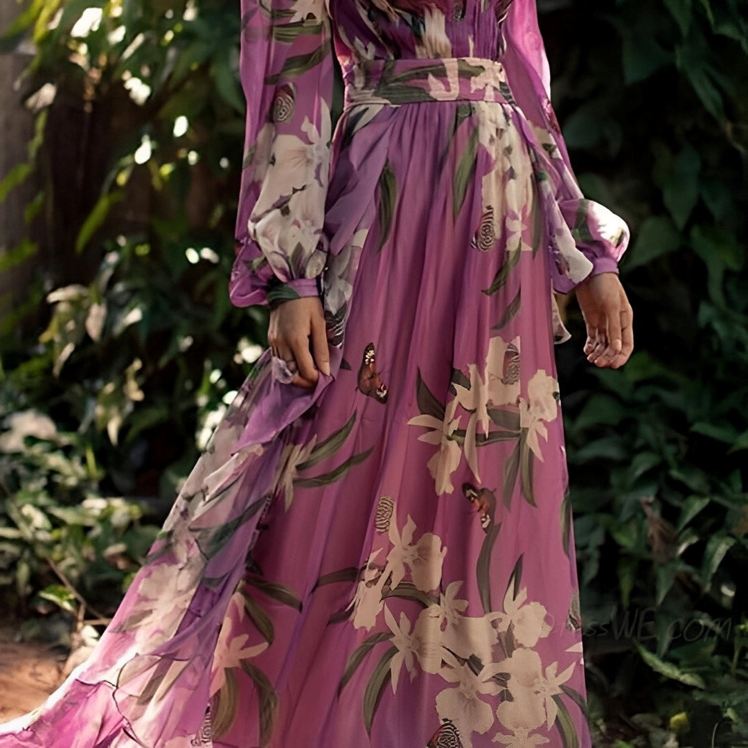 Abigail | Robe maxi à col en V fleurie pour femme, confortable