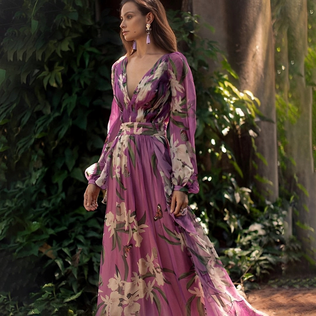 Abigail | Robe maxi à col en V fleurie pour femme, confortable