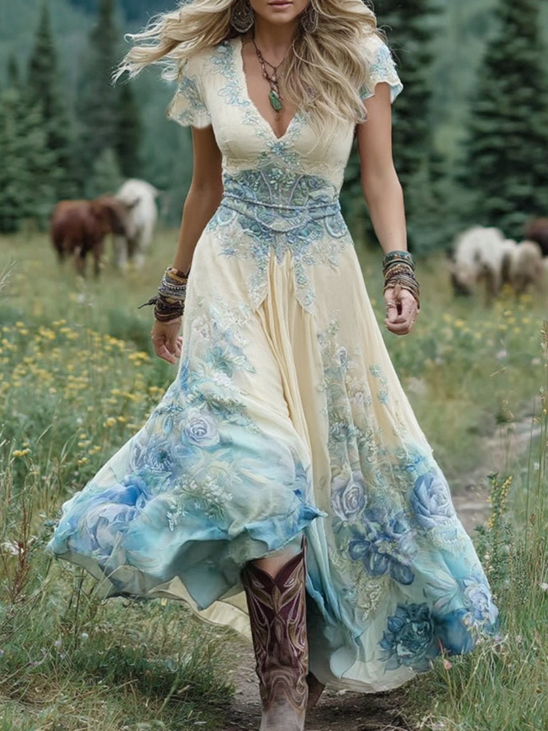 Amelia | Robe longue à manches courtes et col en V à motif floral pour femme