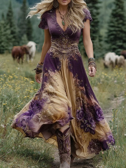 Amelia | Robe longue à manches courtes et col en V à motif floral pour femme