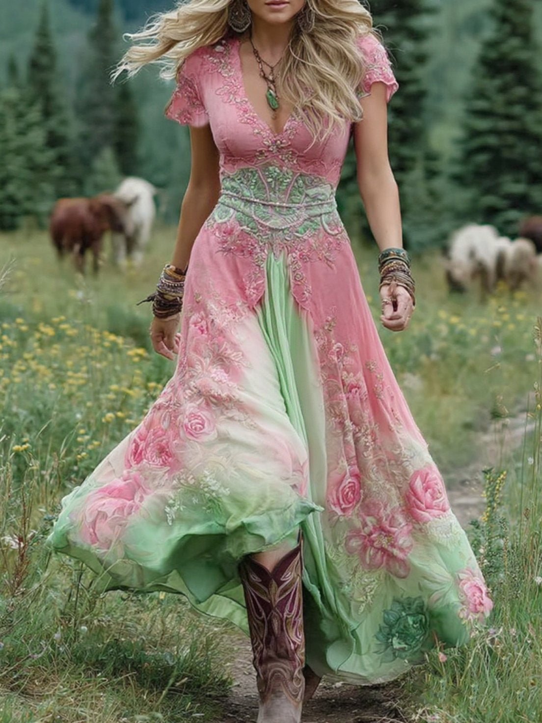 Amelia | Robe longue à manches courtes et col en V à motif floral pour femme