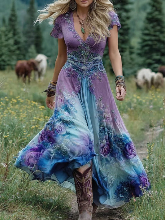 Amelia | Robe longue à manches courtes et col en V à motif floral pour femme