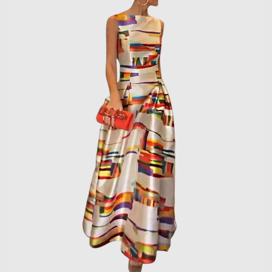 Amelia | Robe maxi sans manches en satin pour femme avec imprimé abstrait