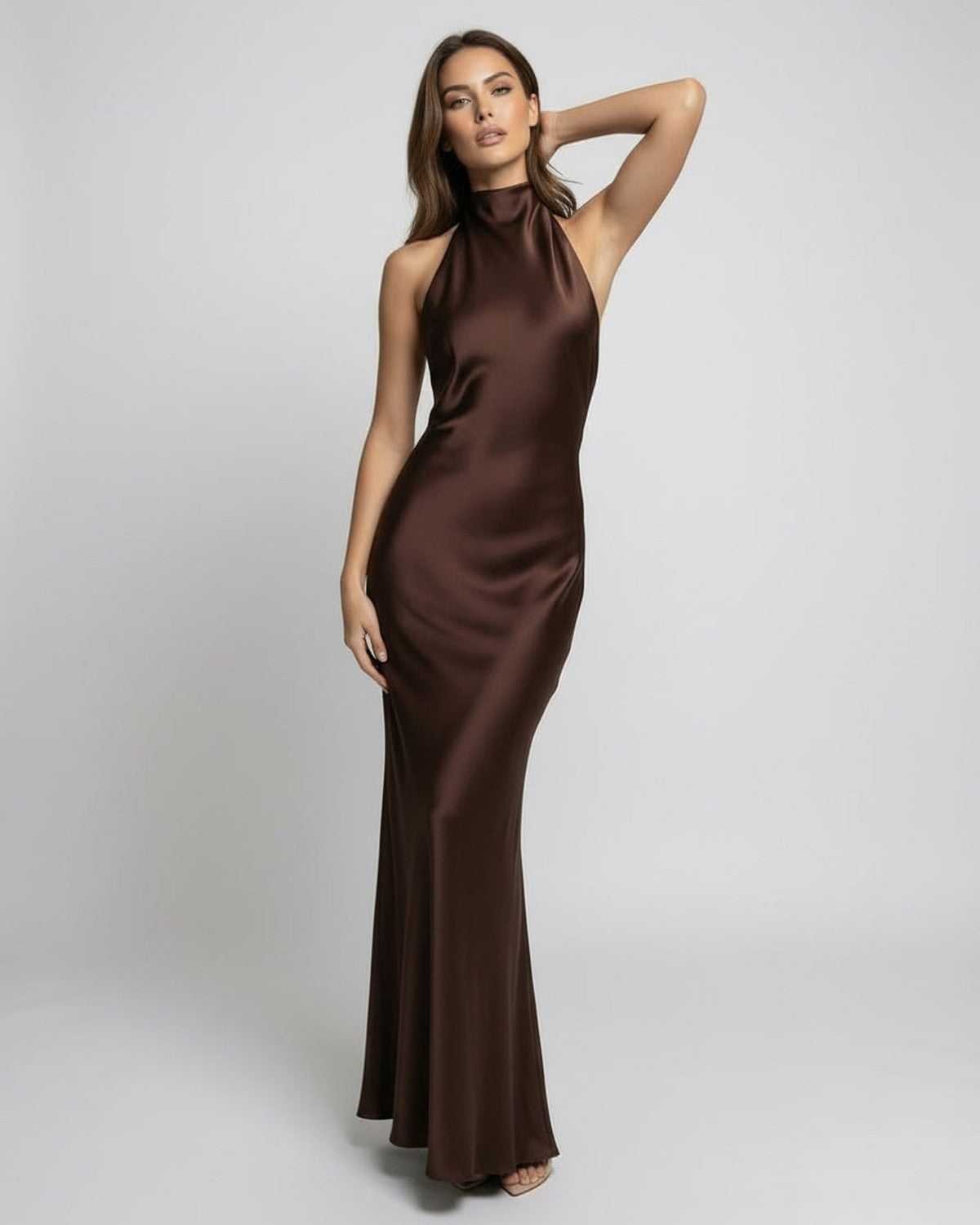 Amelia | Robe maxi en satin pour femme, taille haute, col halter